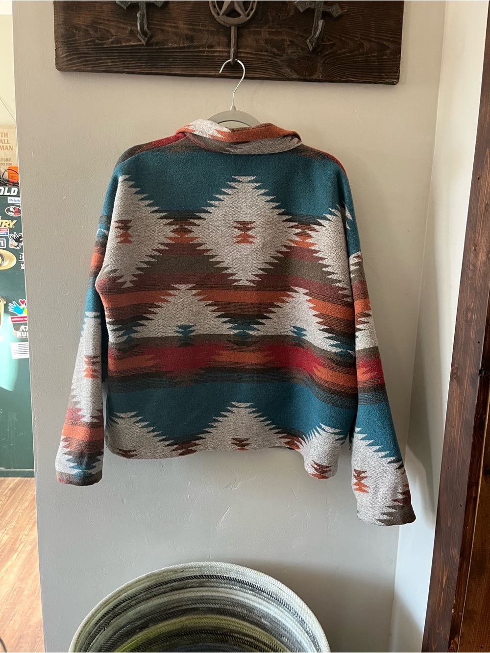 Patterned Aztec-Style Teal & Rust Women's  Jacket - Picture 2 of 6